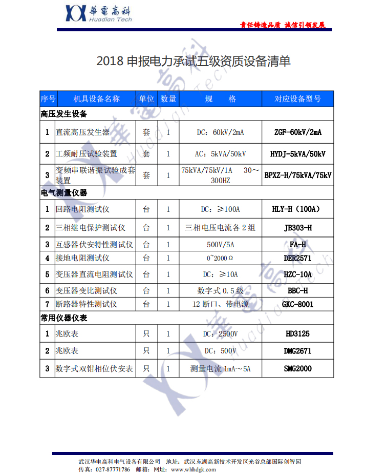 2018申報電力承試五級資質(zhì)設(shè)備清單